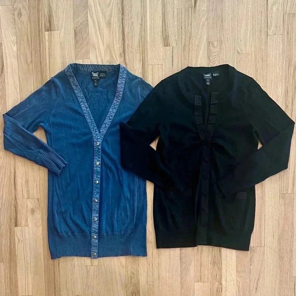 2‎ Cardigans from The Worth Collection, Blue Cotton, Black Wool, Size Small